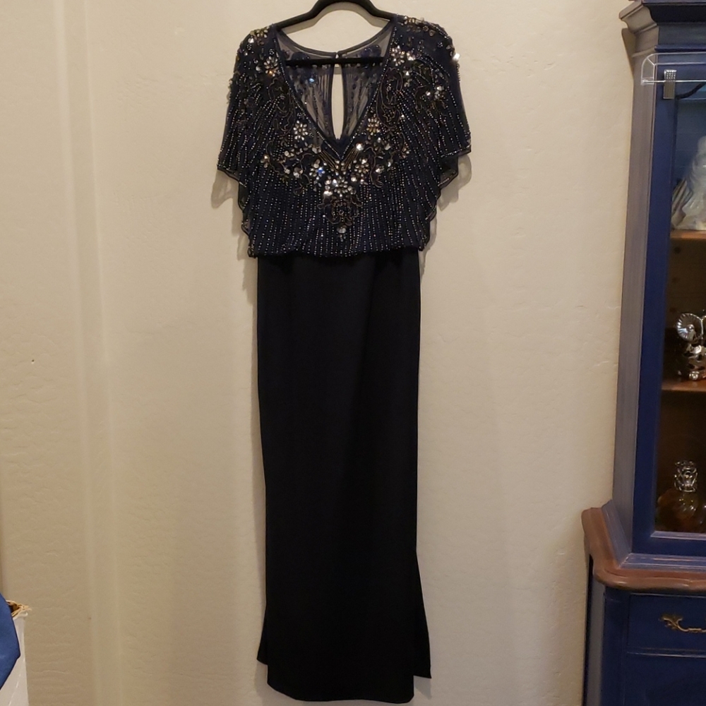 Aidan Mattox Blue Beaded Flutter Sleeve Gown 14